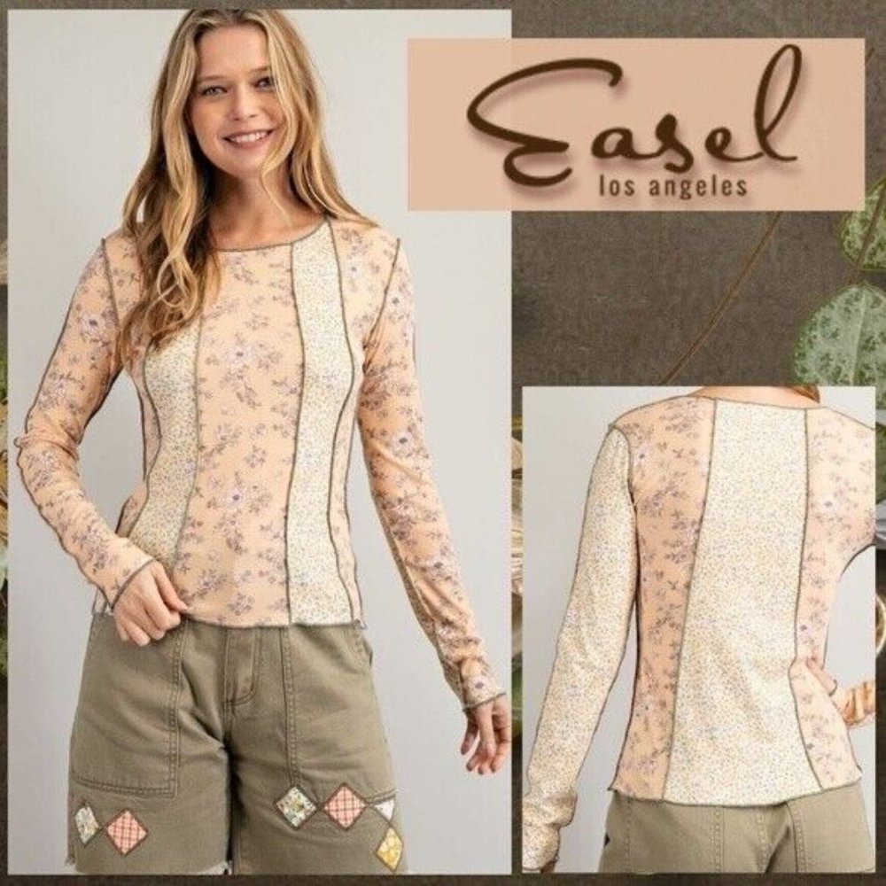 EASEL Mixed Print Fitted Lightweight & Soft Baby Ribbed Knit Top W/Exposed Seams